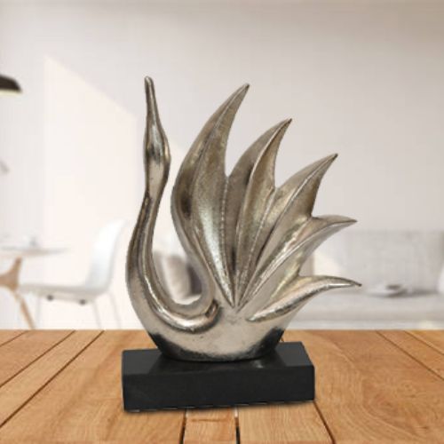 New Swan Sliver Finish Peacock Sculpture with stone base
